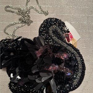 Black and Silver Beaded Swan Purse. NWT